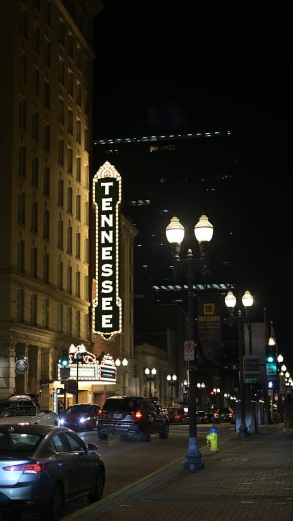 Explore Knoxville's vibrant nightlife featuring the iconic Tennessee Theatre marquee at night.