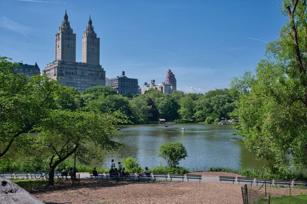 A scenic view of Central Park with iconic Manhattan skyline in New York City.